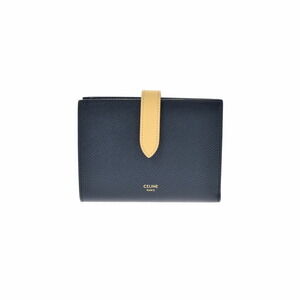 Celine Strap Wallet Navy Blue Beige Calfskin Leather Bi fold